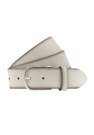 Light gray leather belt with a silver buckle, rolled up with three visible adjustment holes.