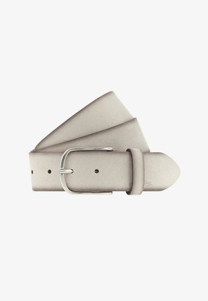 Light gray leather belt with a silver buckle, rolled up with three visible adjustment holes.