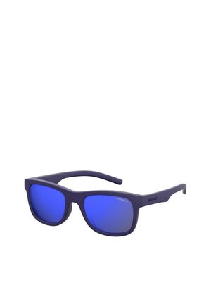 Sunglasses with a matte purple frame, polarized blue lenses, square shape, and thick arms featuring subtle branding near the temples.
