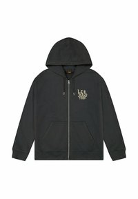 Felpa nera con zip realizzata in morbido tessuto. Presenta una tasca frontale, cappuccio con cordino e logo bianco "Lee Jeans 1889" sul petto.