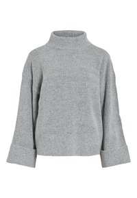 Grauer Strickpullover mit hohem Kragen, weiten Ärmeln und strukturiertem Stoff. Hat einen lässigen Schnitt und gerippte Akzente an den Bündchen und am Saum.
