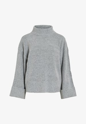 Pull en maille grise avec un col montant, des manches larges et un tissu texturé. Présente une coupe décontractée et des accents côtelés aux poignets et à l'ourlet.