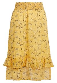 Gonna floreale gialla con vita smock, orlo arricciato e delicati motivi di fiori neri sparsi su tutta la stoffa.