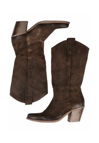 Brune ruskind cowboy støvler med spids tå, stablet hæl og dekorative syninger på skaftet.