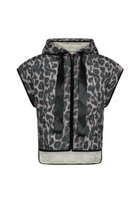 Gestepptes Weste mit einem grau-schwarzen Leopardenmuster, verfügt über eine Kapuze, einen Frontreißverschluss und schwarze Satinbänder. Texturierter Stoff mit einem kontrastierenden Saum.