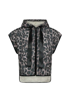 Padded vest s šedým a čiernym leopardím vzorom, má kapucňu, predný zips a čierne saténové šnúrky. Textúrovaná látka s kontrastným lemom.