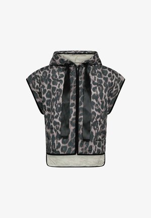 Polsterdatud vest halli ja musta leopardimustriga, millel on kapuuts, esiosa tõmblukuga ja mustad satiinist sidurid. Tekstuuriga kangas kontrastse äärisega.