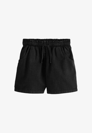 Pantaloni scurți negri casual cu talie elastică, șnur de ajustare și buzunare laterale, expuși pe un fundal alb.