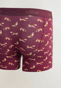 Maroon boxer briefs with multiple small fox illustrations in various poses and a matching maroon waistband labeled "NEXT SIGNATURE."