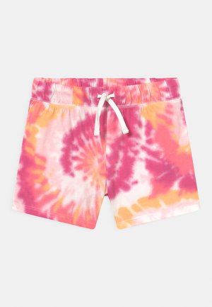 Børneshorts med elastisk talje og hvid snor, med pink, orange og hvide tie-dye spiralmønstre på lys baggrund.