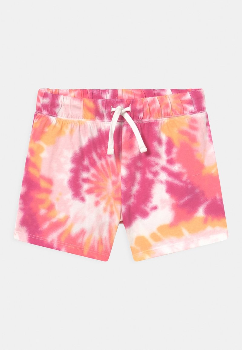 Short taille élastique pour enfant avec cordon blanc, arborant un motif spirale tie-dye rose, orange et blanc sur fond clair.