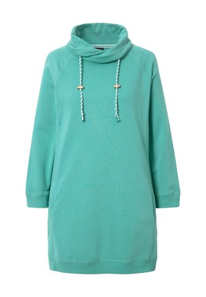 Turquoise sweatshirtjurk met een col, lange mouwen, geribbelde manchetten en verstelbare koordjes met gouden accenten.
