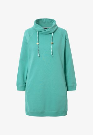 Turquoise sweatshirtjurk met een col, lange mouwen, geribbelde manchetten en verstelbare koordjes met gouden accenten.