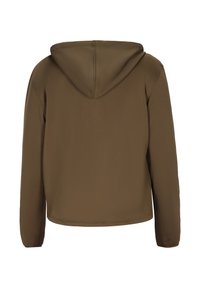 Brauner Kapuzenpullover mit glatter Textur, ausgestattet mit langen Ärmeln und einem lockeren Schnitt. Keine sichtbaren Logos oder Muster.