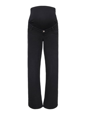 Zwarte zwangerschapsjeans met rekbare hoge tailleband, ontworpen om de buik te bedekken, rechte pijpen en voorzakken met knoopsluiting.