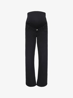 Jean de maternité noir avec taille haute extensible conçue pour couvrir le ventre, coupe droite et poches avant avec fermeture par bouton.