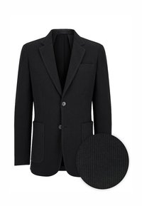 Czarny żakiet z teksturowanej tkaniny, dwoma przednimi kieszeniami, klapami w kształcie litery "notch", zapięciem na jeden guzik oraz okrągłym próbnikiem materiału pokazującym teksturę.