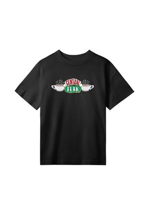 T-shirt di cotone nero con logo "CENTRAL PERK" in rosso, verde e bianco con tazze di caffè fumanti sul davanti. Maniche corte, collo rotondo.