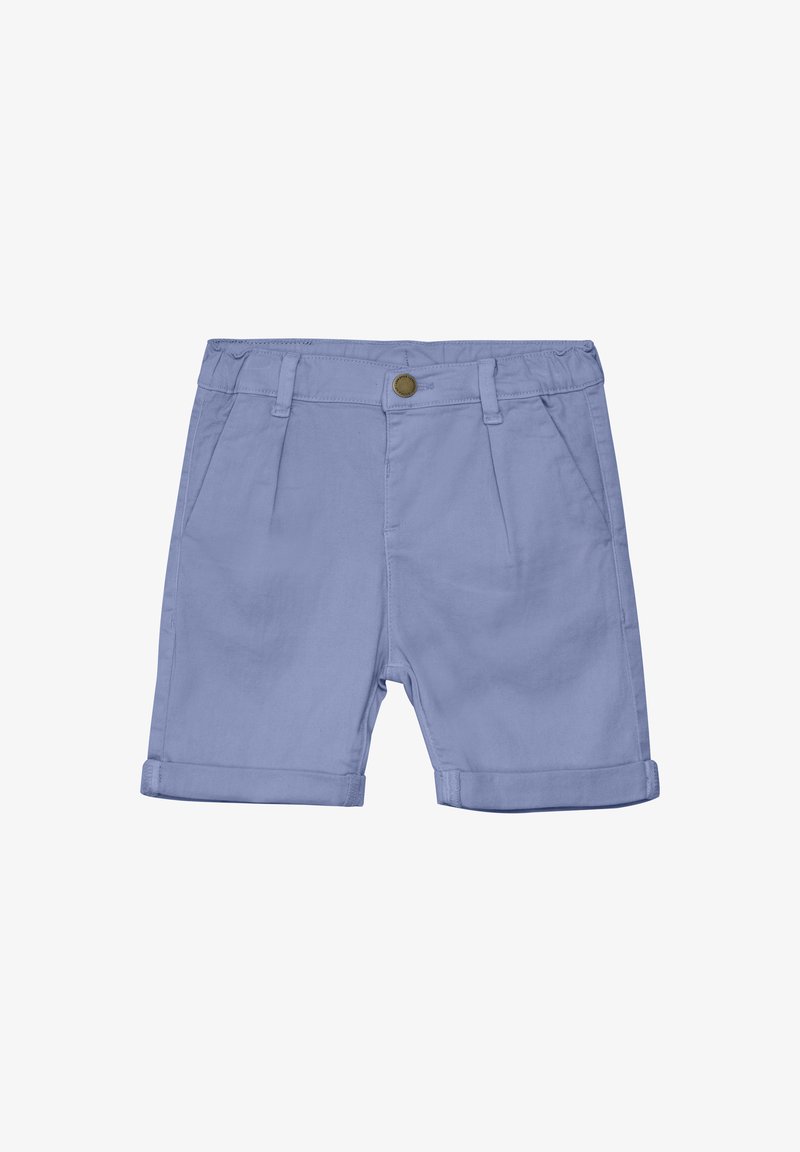 Svetlomodré bavlnené šortky s prehnutým lemom, prednými záhybmi, pútkami na opasok a gombíkovým zapínaním. Hladká textúra a klasický dizajn.