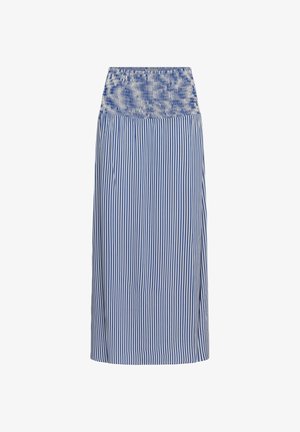 Blauer und weißer maxirock mit vertikalen Streifen, gerafftem Bund und seitlichem Schlitz vor weißem Hintergrund.