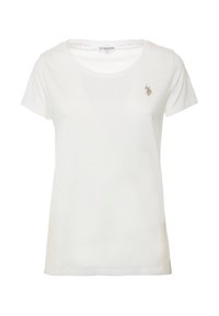 T-shirt bianca in cotone con maniche corte, collo rotondo e un piccolo logo ricamato sul lato sinistro del petto. Texture liscia con una vestibilità classica.