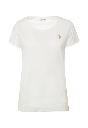 T-shirt bianca in cotone con maniche corte, collo rotondo e un piccolo logo ricamato sul lato sinistro del petto. Texture liscia con una vestibilità classica.