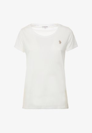 T-shirt bianca in cotone con maniche corte, collo rotondo e un piccolo logo ricamato sul lato sinistro del petto. Texture liscia con una vestibilità classica.