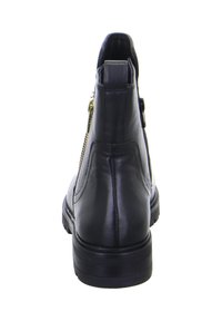Schwarze Leder-Stiefeletten mit einer glatten Oberfläche, seitlichem Reißverschluss und einer robusten Gummisohle mit leichtem Absatz.