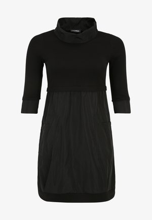 Black dress with a cowl neck, three-quarter sleeves, and a gathered, textured skirt. Features side pockets and a soft fabric blend.
