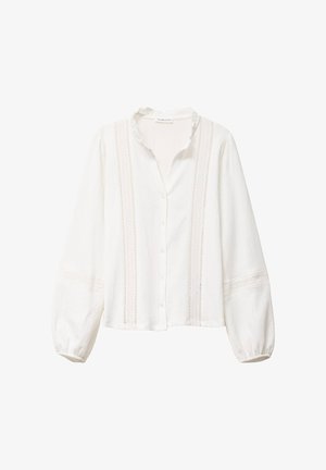 Witte blouse met knopen van gestructureerde stof, voorzien van een gerimpelde kraag, lange pofmouwen en een decoratieve kanten afwerking die verticaal loopt.