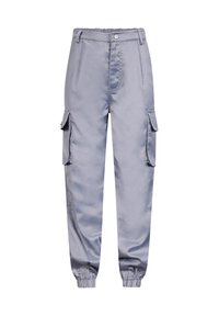 Cargo pants van lichtgrijs satin, met een elastische tailleband, twee zijzakken en taps toelopende boorden voor een nauwsluitende pasvorm.