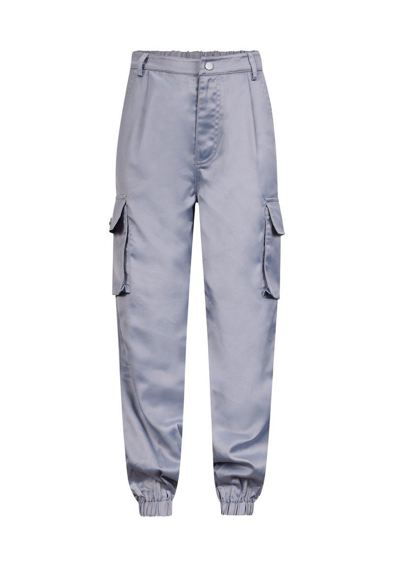 Cargo pants van lichtgrijs satin, met een elastische tailleband, twee zijzakken en taps toelopende boorden voor een nauwsluitende pasvorm.