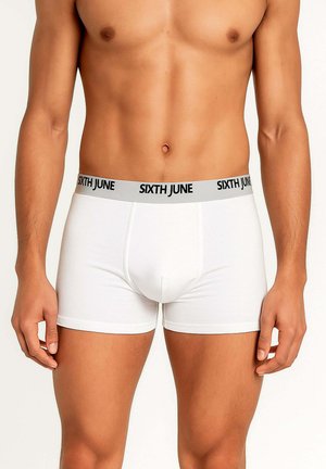 White cotton boxer briefs with a gray waistband featuring the text "SIXTH JUNE" in black. The design is form-fitting with a seamless finish.