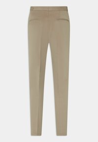 Beiga byxor med en slät textur, slim fit-design, två bakfickor och ett rent midjeband. Passar för både vardags- och formella tillfällen.