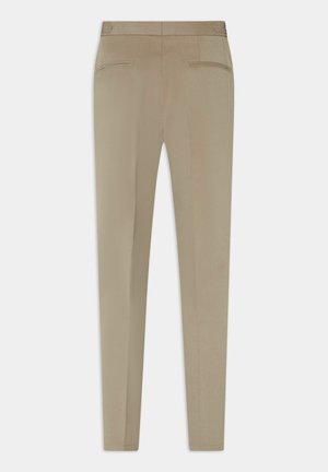 Beige bukser med en glat tekstur, slim fit-design, to baglommer og en ren talje. Velegnet til både afslappet og formelt brug.