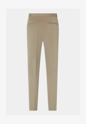 Beige broek met een gladde textuur, slim fit ontwerp, twee achterzakken en een strakke tailleband. Geschikt voor casual of formele gelegenheden.
