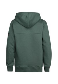 Groene hoodie met een trekkoordcapuchon, ribbelmanchetten en een ribbelonderkant. Gemaakt van zachte stof met een gladde textuur. Eenvoudig ontwerp.