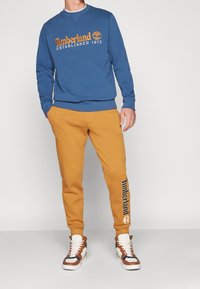 Un hombre se encuentra de pie vistiendo un sudadera azul de Timberland y unos pantalones de chándal mostaza, combinados con zapatillas marrones y blancas, frente a un fondo liso.