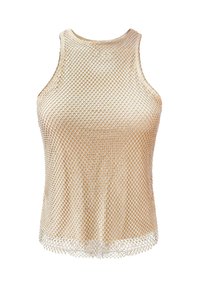 Top in rete di colore beige chiaro, con un design senza maniche, scollatura a girocollo e un motivo a rombi aperti su tutta la superficie.