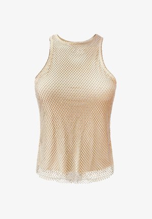 Top in rete di colore beige chiaro, con un design senza maniche, scollatura a girocollo e un motivo a rombi aperti su tutta la superficie.