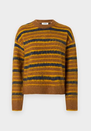 Pull marron à rayures horizontales jaunes et bleues. Fabriqué en matériau doux et duveteux, avec un col rond et des manches longues.