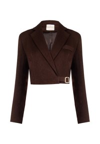 Bruine cropped blazer met een notch-rever, enkele goudkleurige gespdetail en een gladde voering. Heeft lange mouwen en een borstzak.