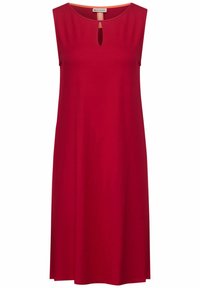 Rotes ärmelloses Kleid aus weichem Stoff, mit rundem Ausschnitt und einem Schlüssel-ausschnitt sowie einer lockeren Passform.