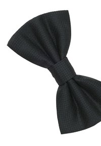 Svart fluga tillverkad av texturerad tyg, med ett subtilt mönster och en central knut. Formen är klassisk med breda, symmetriska vingar.