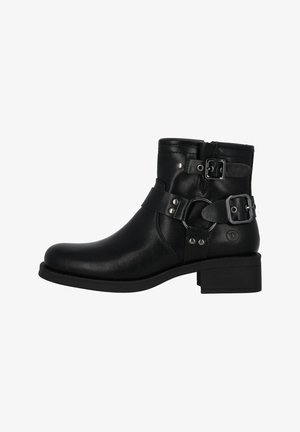 Bottines en cuir noir avec un bout arrondi, deux sangles réglables à boucles et un petit talon empilé. Texture lisse avec des accents métalliques.