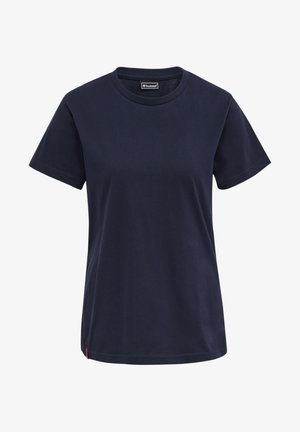 Marineblå kortærmet t-shirt lavet af bomuld, med en klassisk rund hals, lige kant og et lille logoemblem i den nederste side.