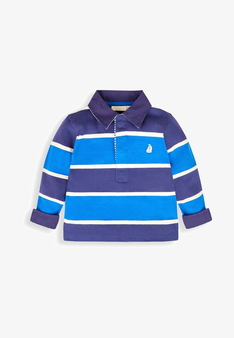 Blau- und marineblau gestreiftes langärmeliges Poloshirt mit Kragen, das weiße Streifen und ein kleines Segelboot-Logo auf der Brust aufweist. Baumwollmaterial.