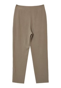 Pantaloni beige aderenti realizzati in tessuto liscio; presentano un davanti piatto, gambe slim e nessuna tasca o decorazione visibile.