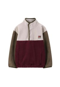 Pull-over en polaire avec une fermeture éclair quart, présentant des panneaux crème, bordeaux et vert olive. Tissu texturé avec un ourlet élastique et deux poches latérales.