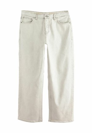 Lange Baggy-Jeans aus hellem beigem Denim, mit Reißverschluss, klassischem Five-Pocket-Design und sichtbaren Nähten an den Säumen.